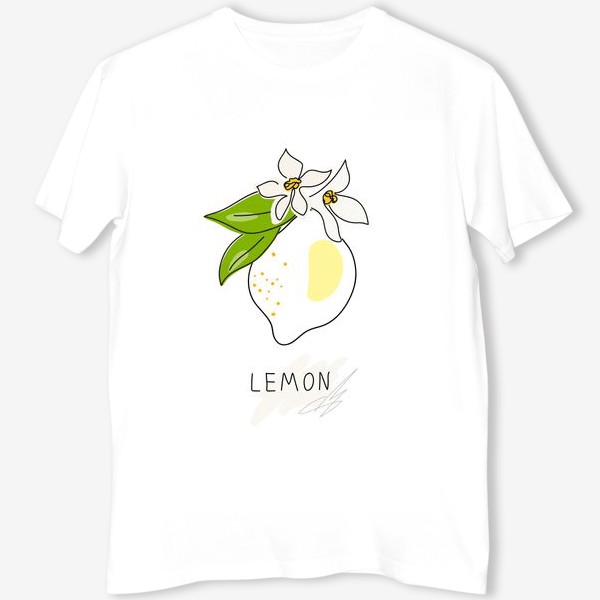 Футболка «Рисованный лимон с цветами и листьями на белом фоне. Скетч. Одна линия»