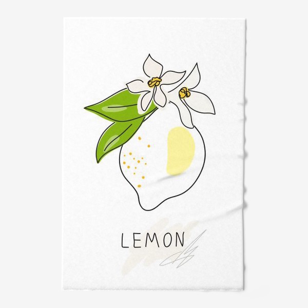 Полотенце &laquo;Рисованный лимон с цветами и листьями на белом фоне. Скетч. Одна линия&raquo;