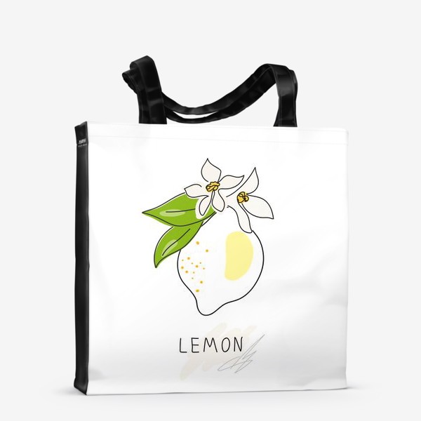 Сумка-шоппер &laquo;Рисованный лимон с цветами и листьями на белом фоне. Скетч. Одна линия&raquo;
