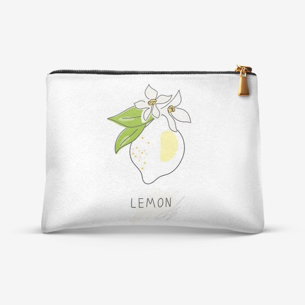 Косметичка &laquo;Рисованный лимон с цветами и листьями на белом фоне. Скетч. Одна линия&raquo;