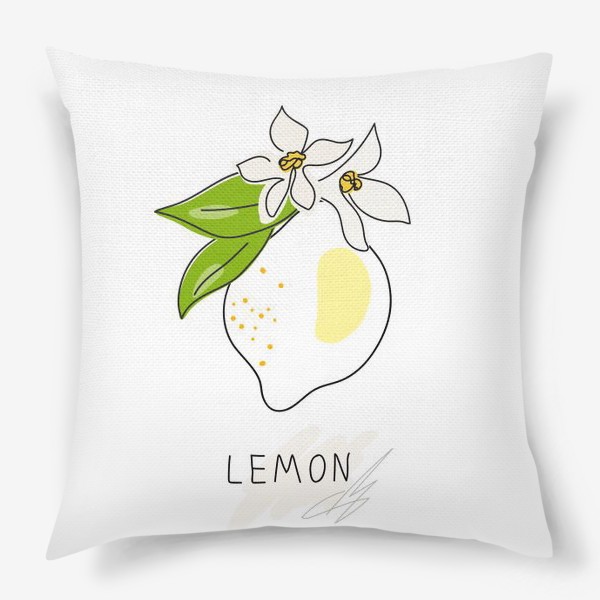 Подушка &laquo;Рисованный лимон с цветами и листьями на белом фоне. Скетч. Одна линия&raquo;