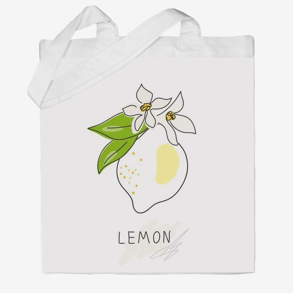 Сумка хб «Рисованный лимон с цветами и листьями на белом фоне. Скетч. Одна линия»