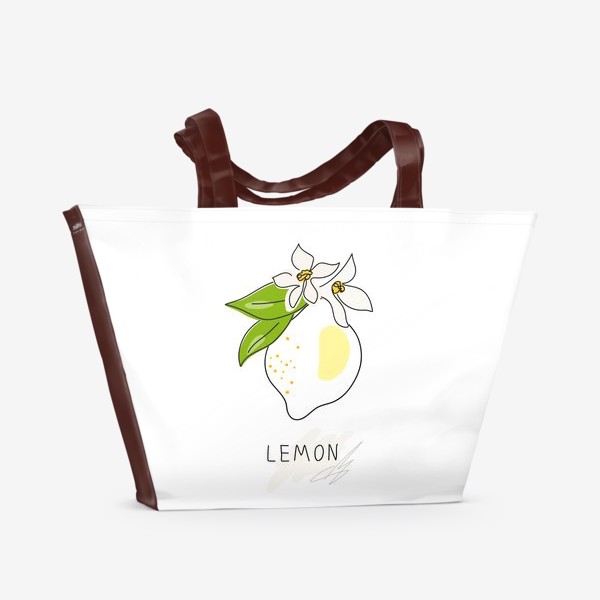 Пляжная сумка «Рисованный лимон с цветами и листьями на белом фоне. Скетч. Одна линия»