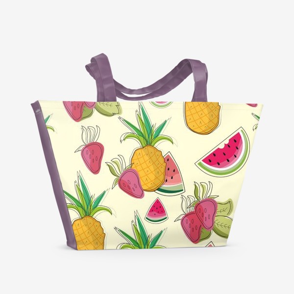 Пляжная сумка &laquo;Фрукты. Паттерн с ананасом,клубникой и арбузными дольками.&raquo;
