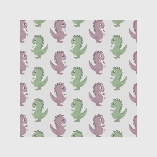 Скатерть &laquo;Динозавры. Милые животные. Зеленый и фиолетовый цвет на светлом сером фоне&raquo;