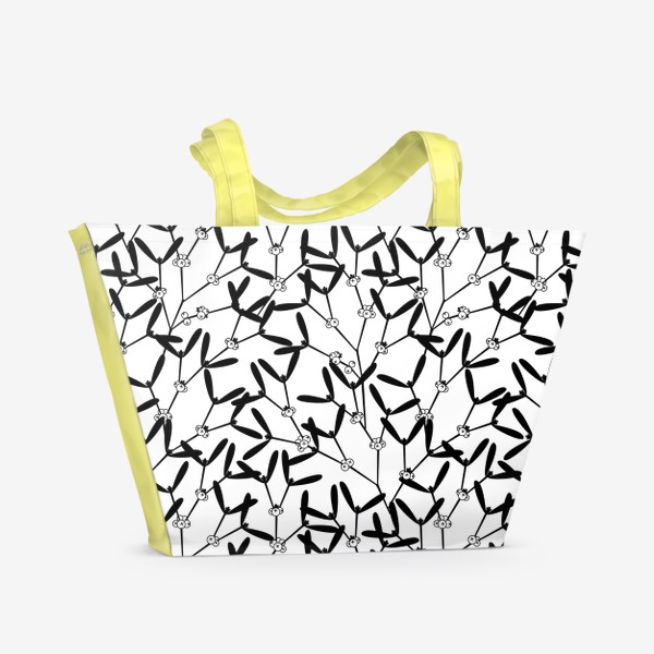 Пляжная сумка «Омела, чёрно-белый паттерн с ветками омелы, растительный принт»