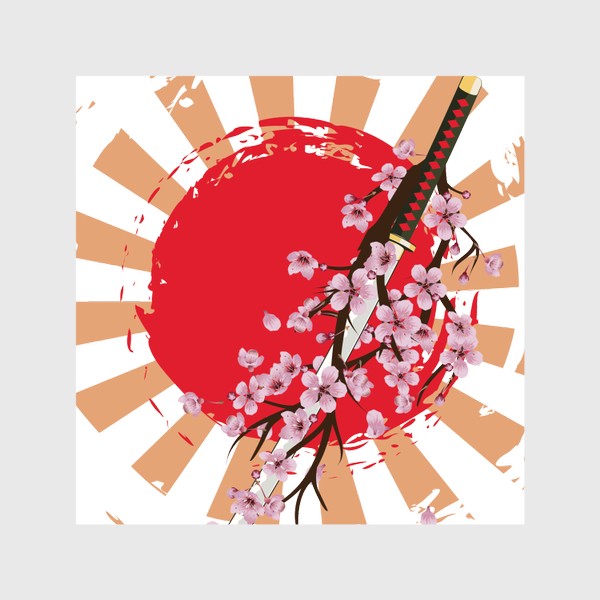 Шторы «Катана и сакура на фоне красного солнца»