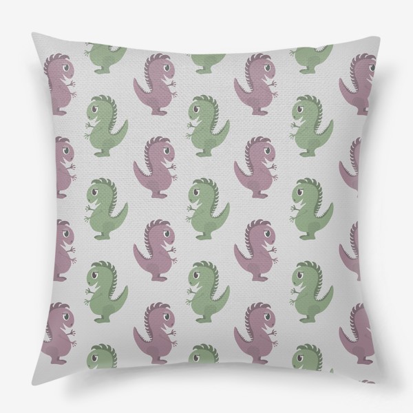 Подушка &laquo;Динозавры. Милые животные. Зеленый и фиолетовый цвет на светлом сером фоне&raquo;
