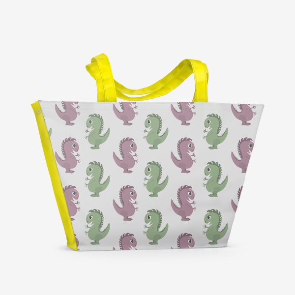Пляжная сумка «Динозавры. Милые животные. Зеленый и фиолетовый цвет на светлом сером фоне»