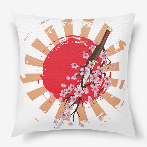 Подушка «Катана и сакура на фоне красного солнца»