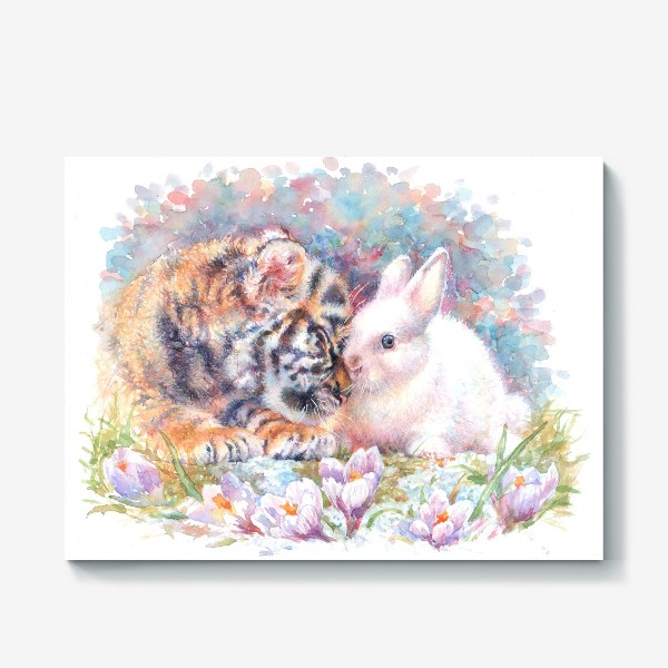 Холст «Весна, тигренок, белый  кролик»