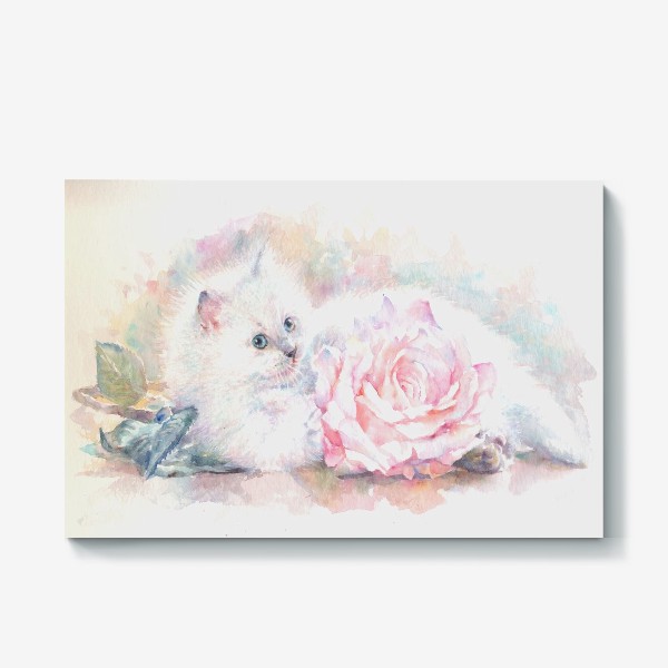 Холст «Белый котенок с розой »