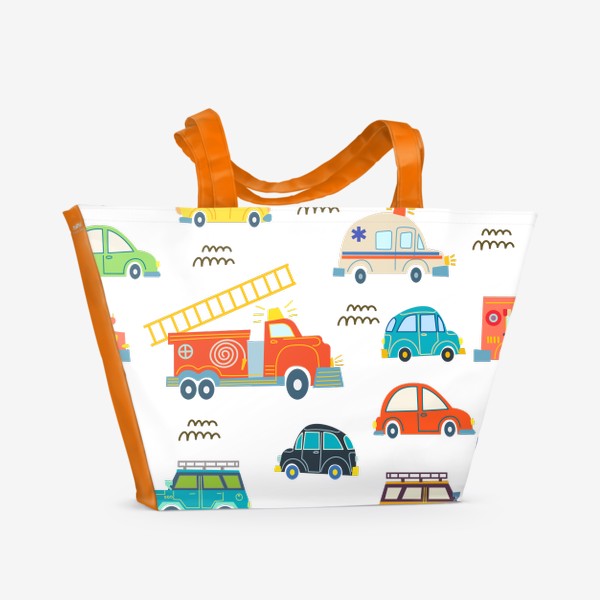 Пляжная сумка «Машинки в городе для маленьких детей. Скорая помощь, пожарная машина, такси.»