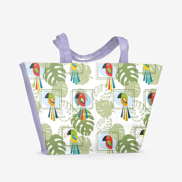 Пляжная сумка «Попугаи на фоне тропической листвы.Летний бесшовный принт с попугаями и тропической листвой.»