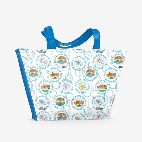 Пляжная сумка «Морской бесшовный паттерн .Ракушки,морские звезды,плюмерия,пузыри.»