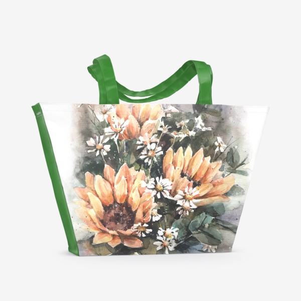 Пляжная сумка «Подсолнухи и ромашки акварелью. Милая цветочная композиция»