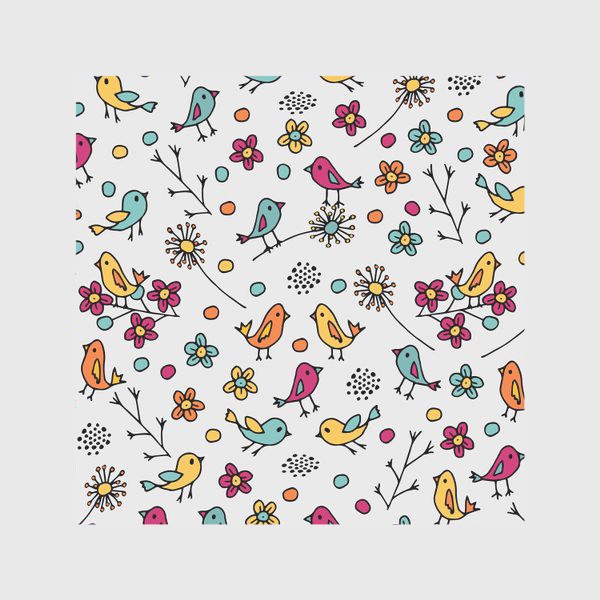 Скатерть &laquo;Птицы разноцветные, цветы и веточки в стиле дудл. Розовый, желтый, оранжевый, голубой цвета. Черная обводка.&raquo;