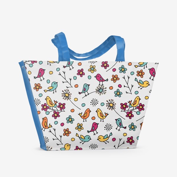 Пляжная сумка «Птицы разноцветные, цветы и веточки в стиле дудл. Розовый, желтый, оранжевый, голубой цвета. Черная обводка.»