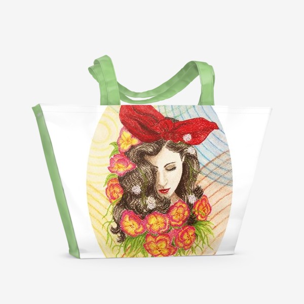 Пляжная сумка «Девушка с бантом в цветах»