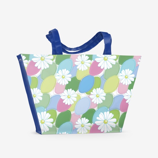Пляжная сумка «Цветы.Бесшовный паттерн с ромашками на фоне разноцветных кругов.»