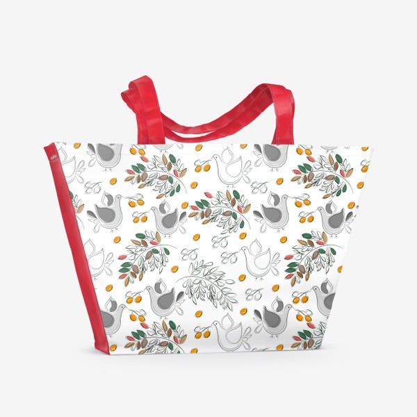 Пляжная сумка «Птицы на фоне веток с ягодами.Бесшовный паттерн с птицами и ветками с ягодами.»