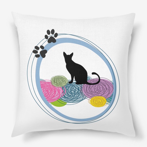 Подушка «Черный кот с нитками для вязания.Принт с черным котом.»