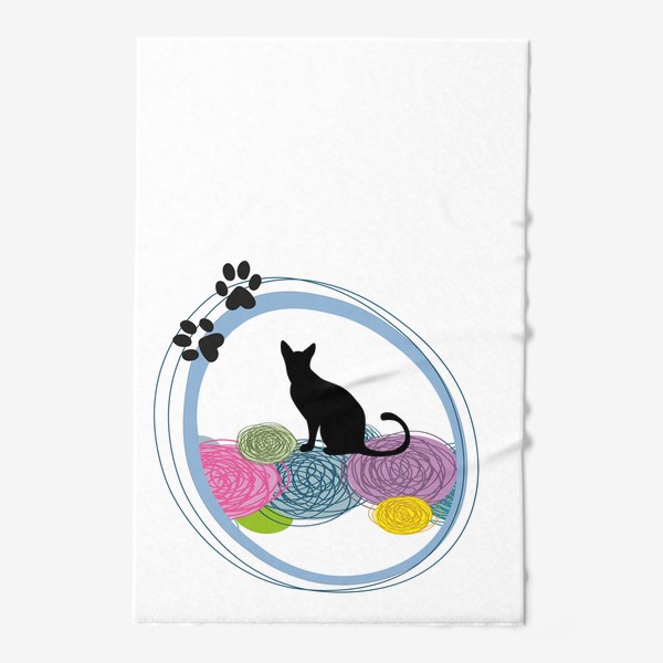 Полотенце «Черный кот с нитками для вязания.Принт с черным котом.»