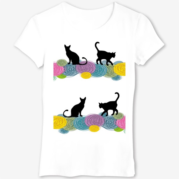 Футболка &laquo;Черные коты с разноцветными клубками шерсти.Принт бесшовный с черными котами.&raquo;