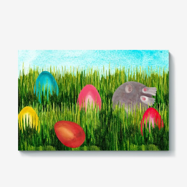 Холст &laquo;Пасхальный кролик в траве прячит пасхальные яйца&raquo;