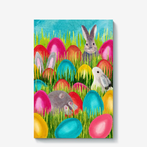 Холст «Кролики в траве ищут пасхальные яйца»