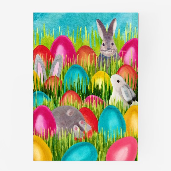 Постер «Кролики в траве ищут пасхальные яйца»