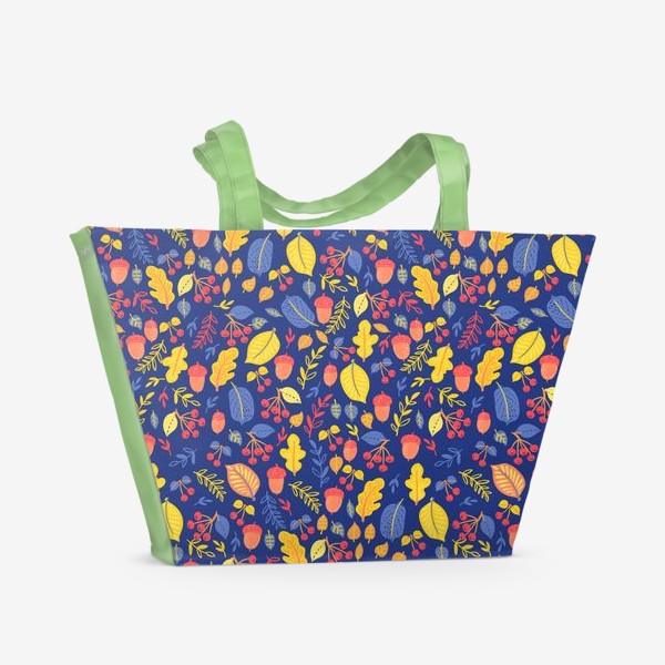Пляжная сумка &laquo;Осенние плоды: желуди и ягоды. Синий и желтый цвета.&raquo;