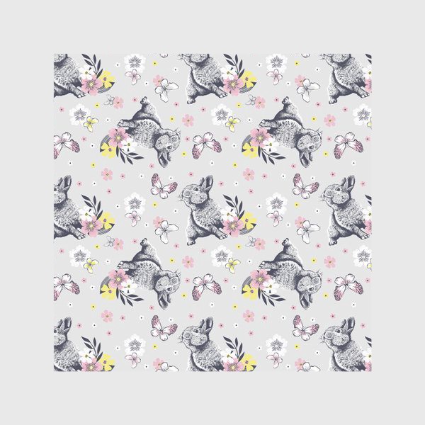 Скатерть «Кролики с цветами и бабочками на сером фоне»