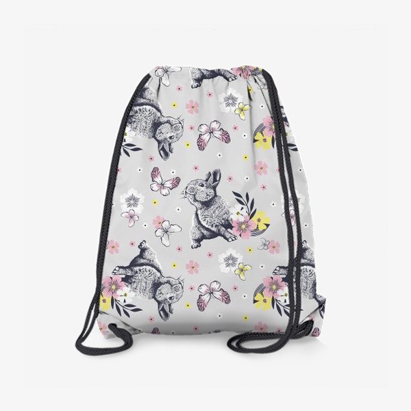 Рюкзак «Кролики с цветами и бабочками на сером фоне»