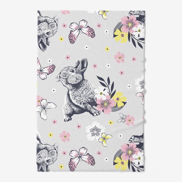 Полотенце «Кролики с цветами и бабочками на сером фоне»