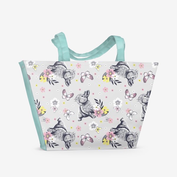 Пляжная сумка &laquo;Кролики с цветами и бабочками на сером фоне&raquo;