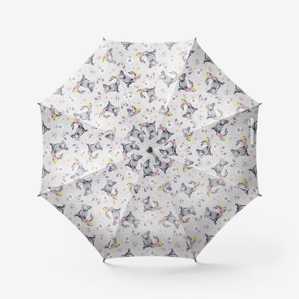 Зонт «Кролики с цветами и бабочками на сером фоне»