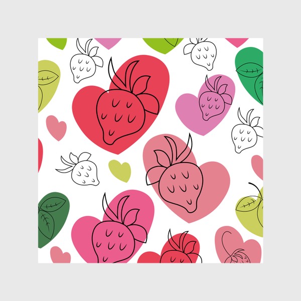 Шторы «Клубника.Бесшовный паттерн с контурными ягодами клубники на фоне разноцветных сердечек.»