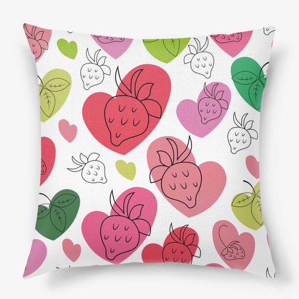 Подушка «Клубника.Бесшовный паттерн с контурными ягодами клубники на фоне разноцветных сердечек.»