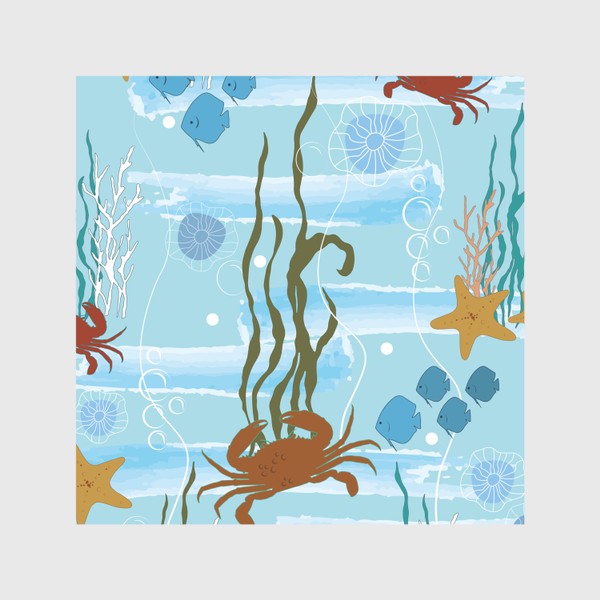 Скатерть «Морской принт с крабами, рыбами, медузами. Летний морской паттерн.»