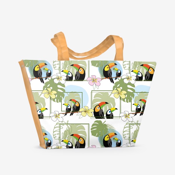 Пляжная сумка «Бесшовный принт с туканами на фоне листьев монстеры. Птицы на фоне листвы.»