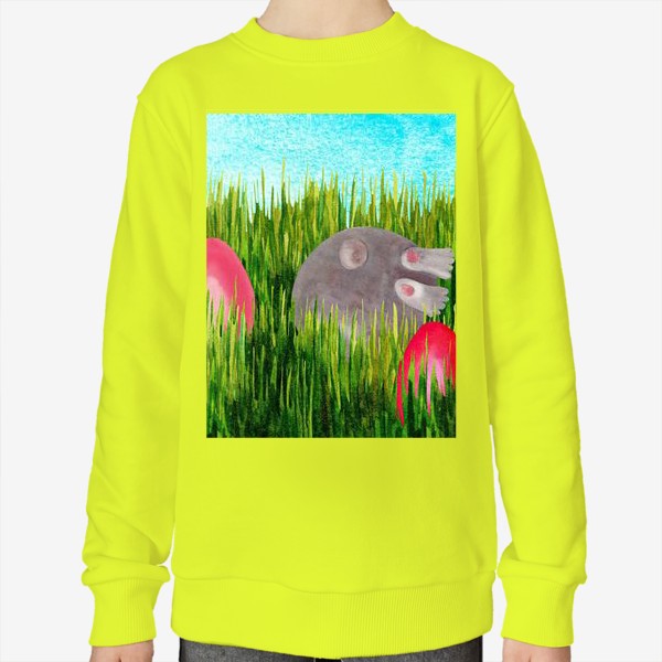 Свитшот «Пасхальный кролик в траве прячит пасхальные яйца»