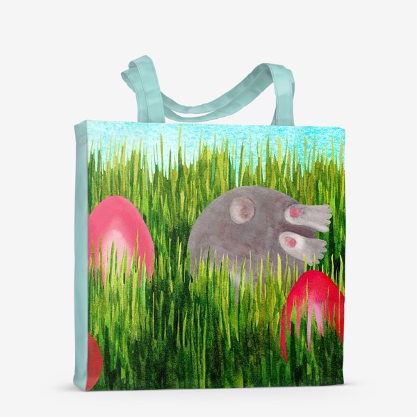Сумка-шоппер «Пасхальный кролик в траве прячит пасхальные яйца»