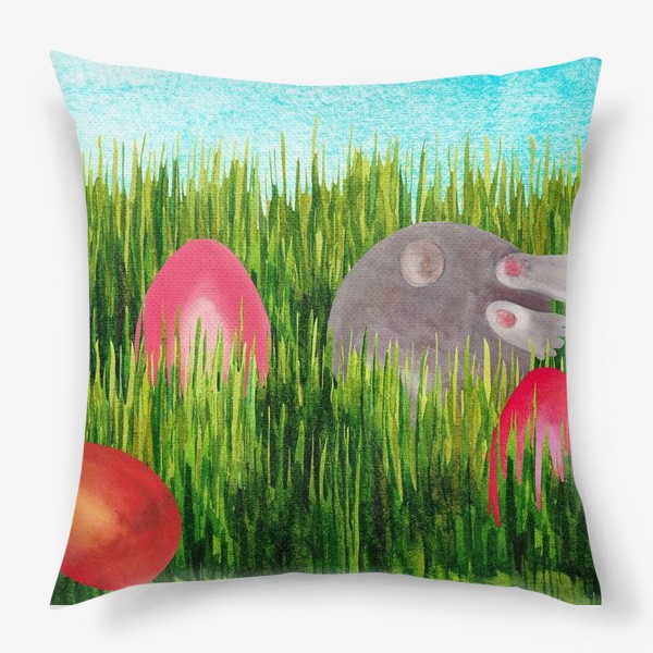 Подушка «Пасхальный кролик в траве прячит пасхальные яйца»