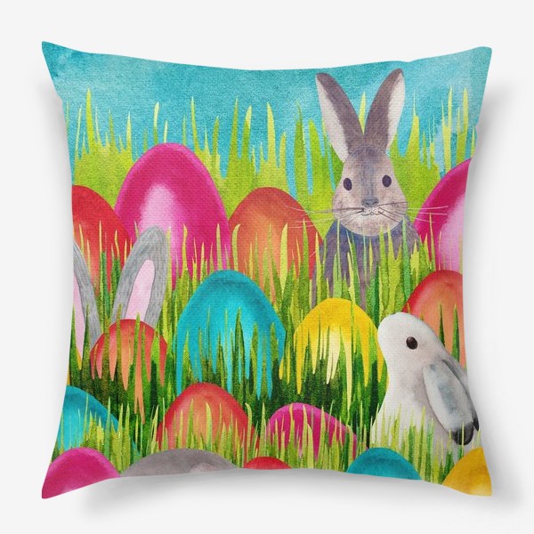 Подушка &laquo;Кролики в траве ищут пасхальные яйца&raquo;