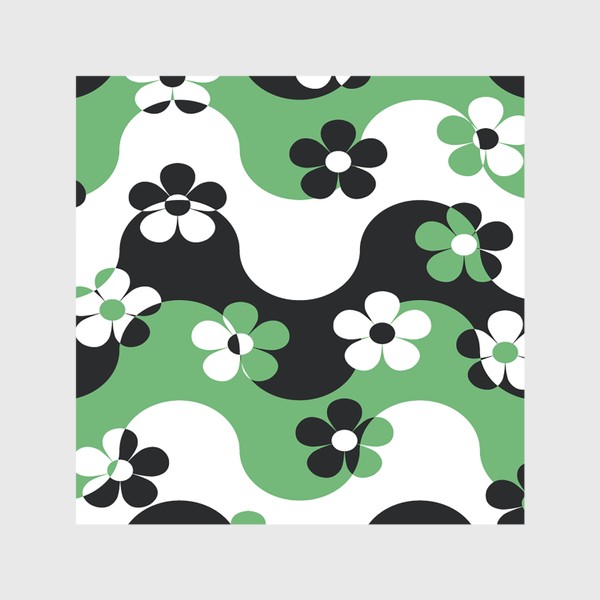 Шторы «паттерн зеленый белый черный волна и цветы ромашки орнамент»