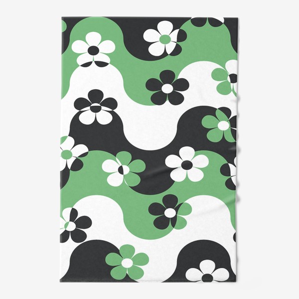 Полотенце &laquo;паттерн зеленый белый черный волна и цветы ромашки орнамент&raquo;