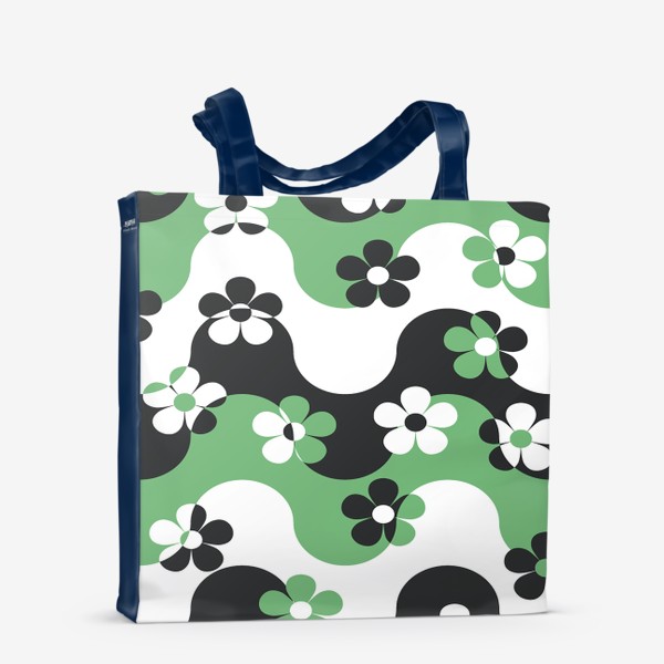 Сумка-шоппер «паттерн зеленый белый черный волна и цветы ромашки орнамент»