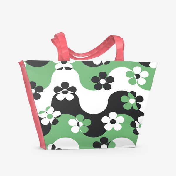 Пляжная сумка «паттерн зеленый белый черный волна и цветы ромашки орнамент»