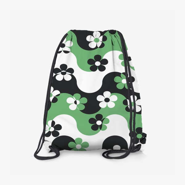 Рюкзак «паттерн зеленый белый черный волна и цветы ромашки орнамент»